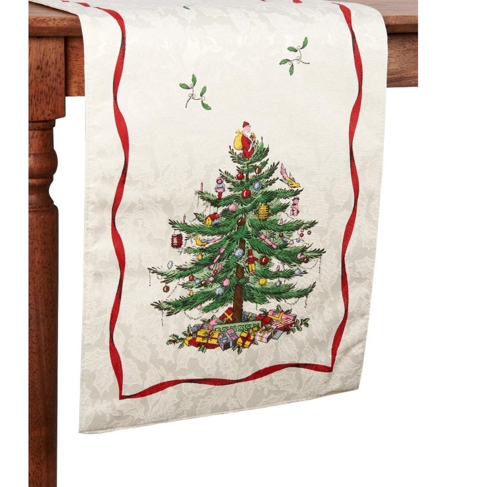 new IVORY-colored 14x72" Spode Whimsical Christmas Tree Table Runner (Red Trim)